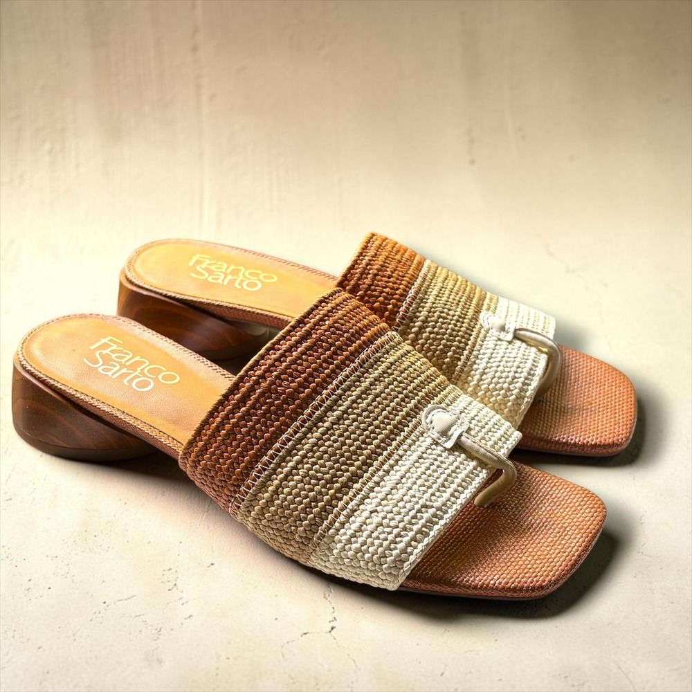 Franco Sarto Loran Woven Raffia Block Heel Slide Sandals Tan Beige 6M